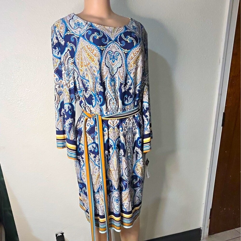 Studio One New York Paisley 3/4 Sleeve Knee Dress Belted Navy Blue Yellow XL NWT